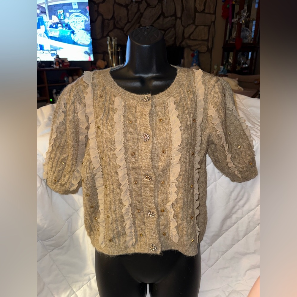 MAEVE Brand New Embellished Ruffled Cardigan Sweater
